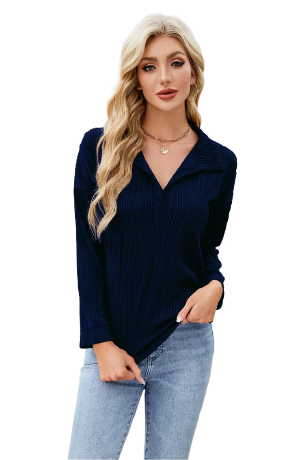 Texture Collared Neck Long Sleeve Blouse