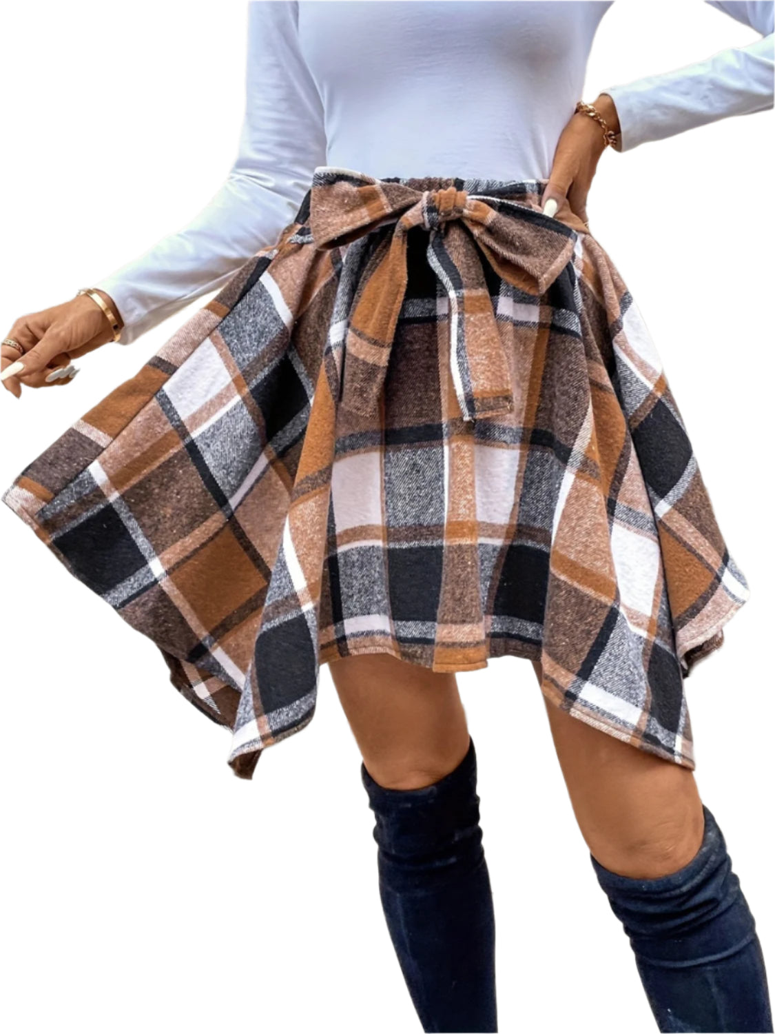 Tied Plaid Asymmetrical Hem Skirt