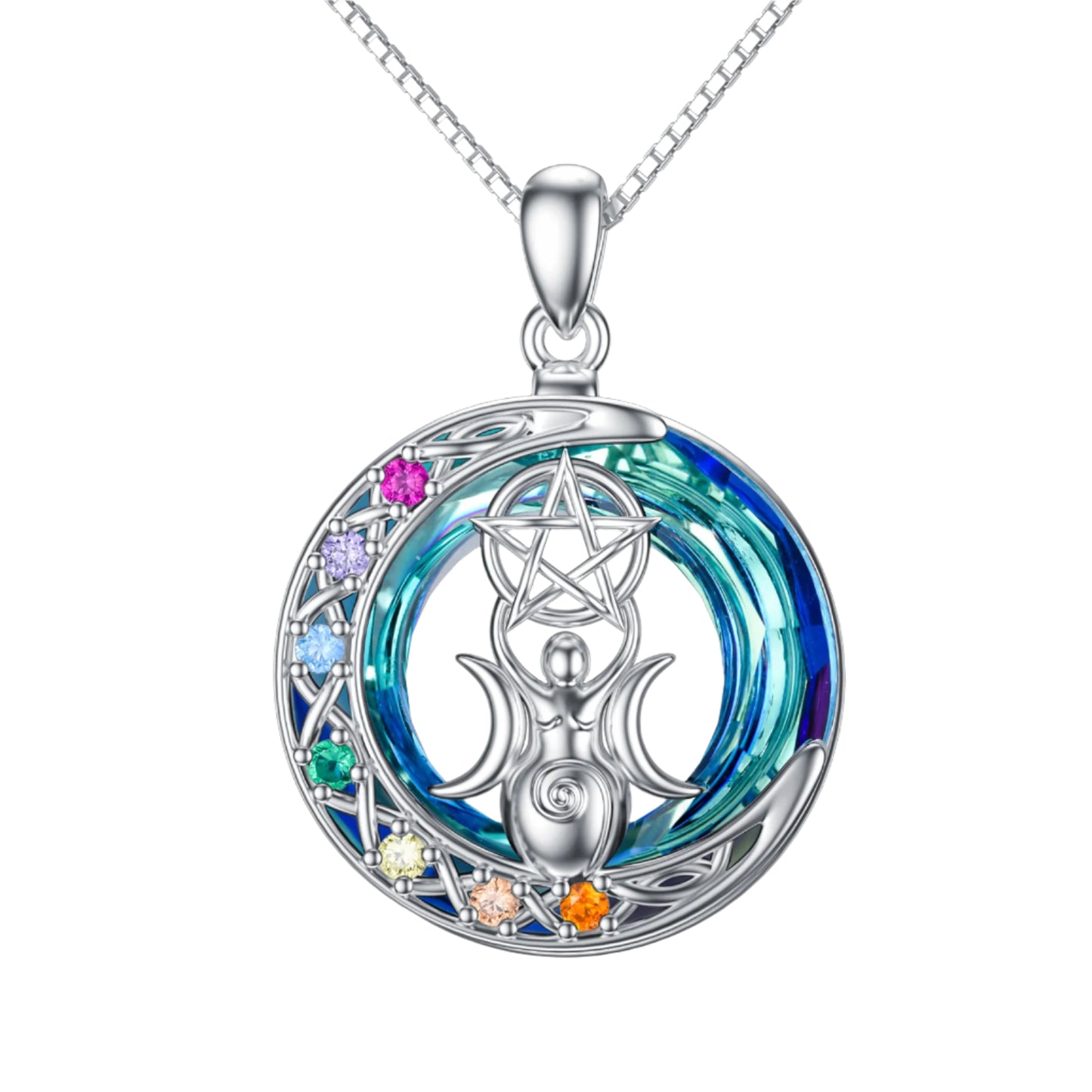 925 Sterling Silver Triple Moon Goddess Australian Crystal and Zircon Chakras Necklace