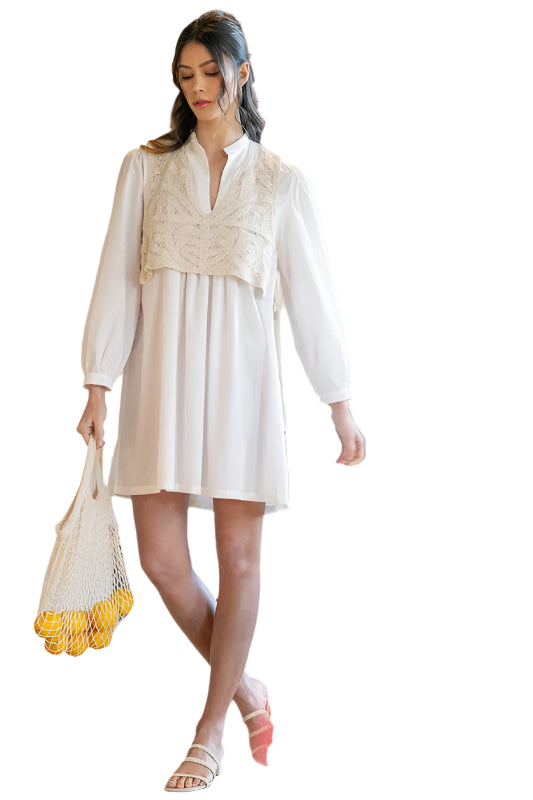 Annie Wear Crochet Vest Notched Long Sleeve Shirt Dress