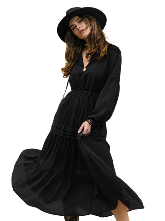 Tie Neck Long Sleeve Midi Tiered Dress