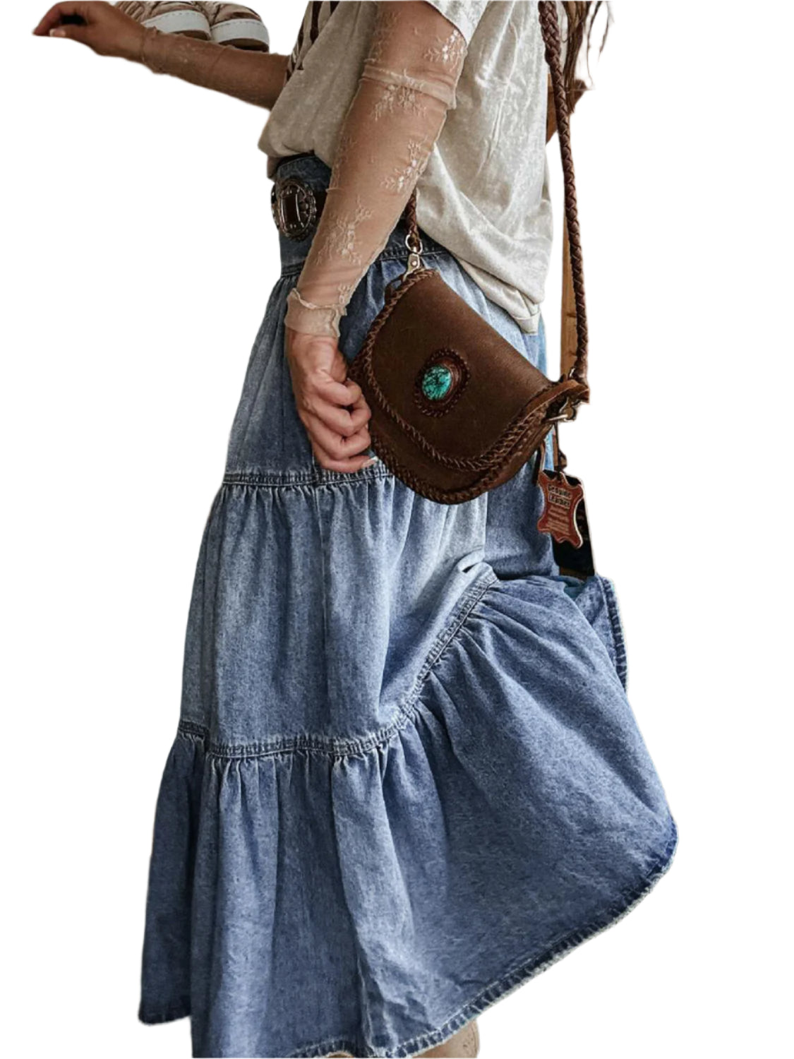 Tiered Button-Fly Denim Skirt