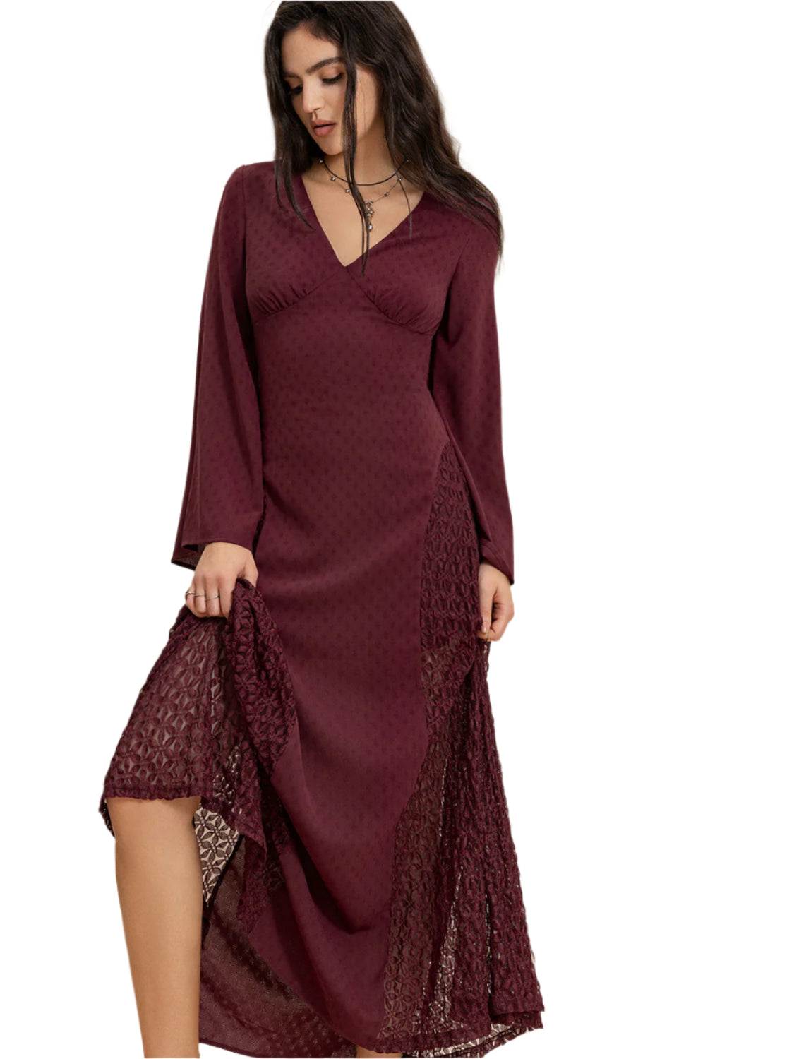 Lace Patchwork V-Neck Long Sleeve Midi Dress