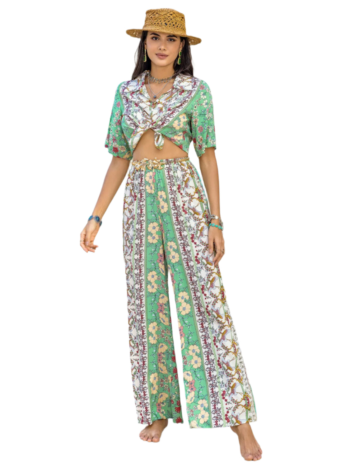 Printed Half Sleeve Top and Wide Leg Pants Set