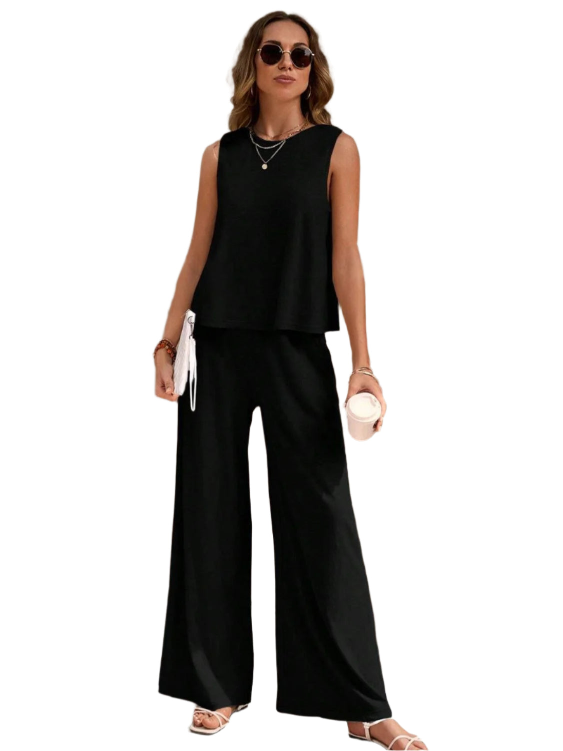 Round Neck Sleeveless Top and Wide Leg Pants Set