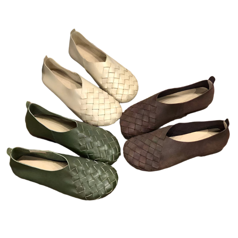 Round Toe Woven Cowhide Leather Flat Shoes