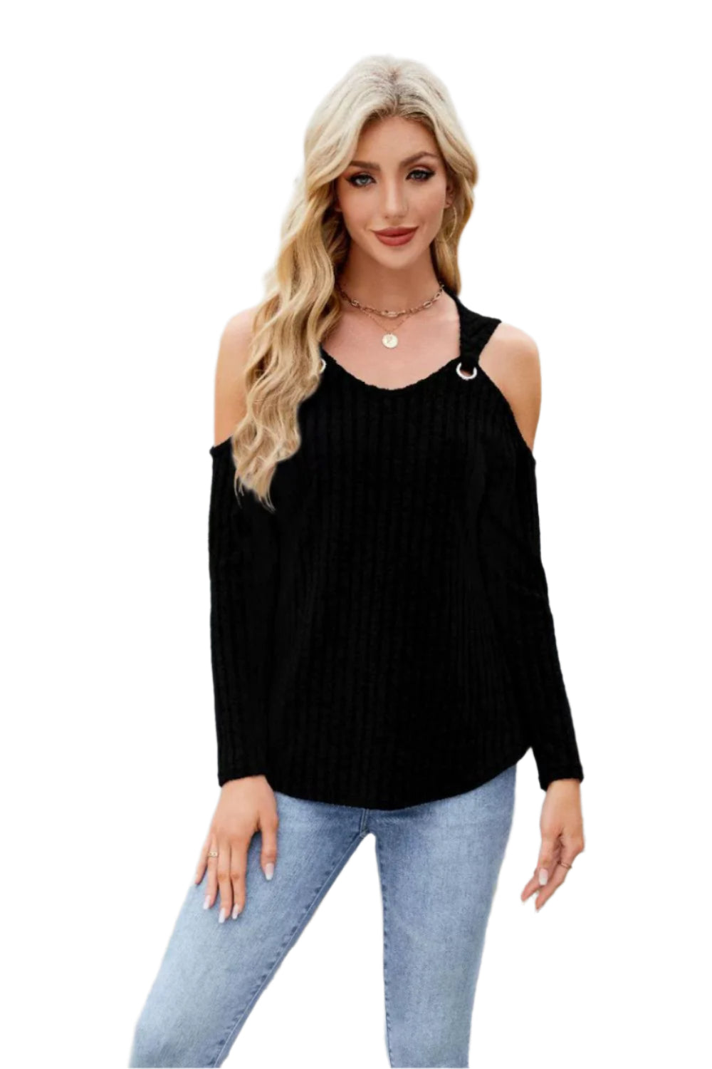 Ribbed Cold Shoulder Long Sleeve Top