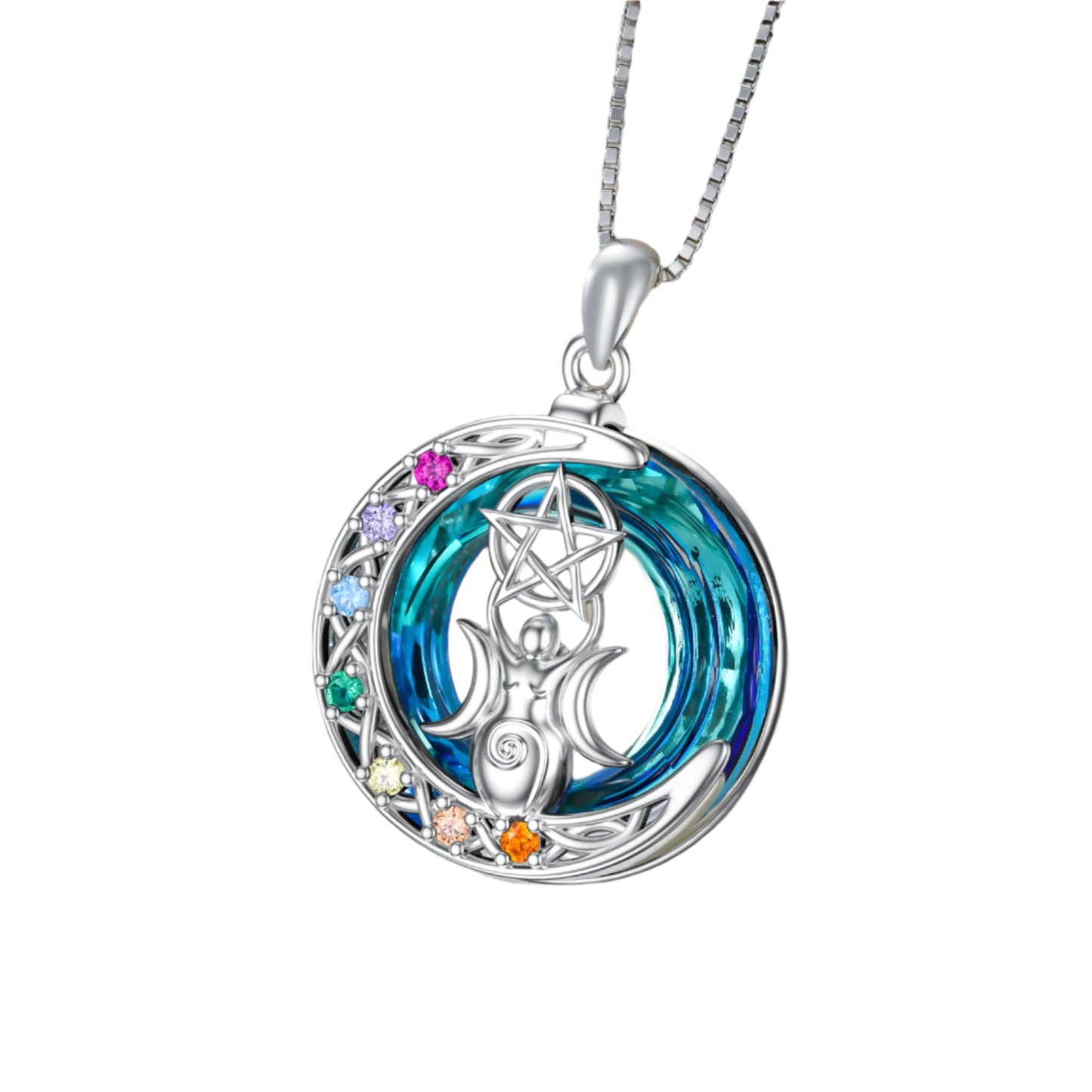 925 Sterling Silver Triple Moon Goddess Australian Crystal and Zircon Chakras Necklace
