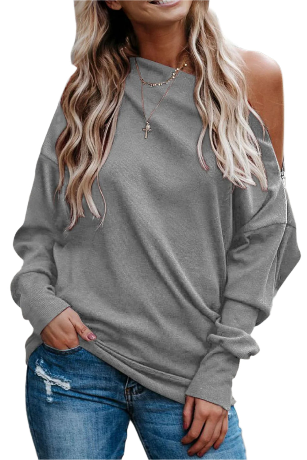 Single Shoulder Long Sleeve Sweatshirt with Zip