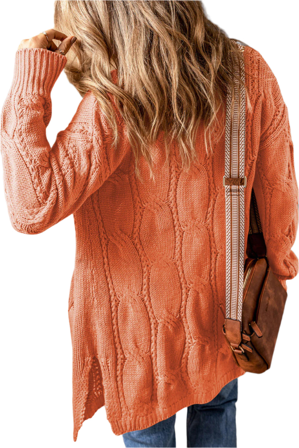 Cable-Knit Dropped Shoulder Slit Cardigan