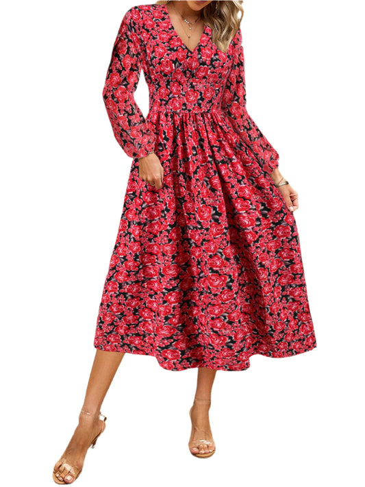 Floral V-Neck Long Sleeve Midi Dress