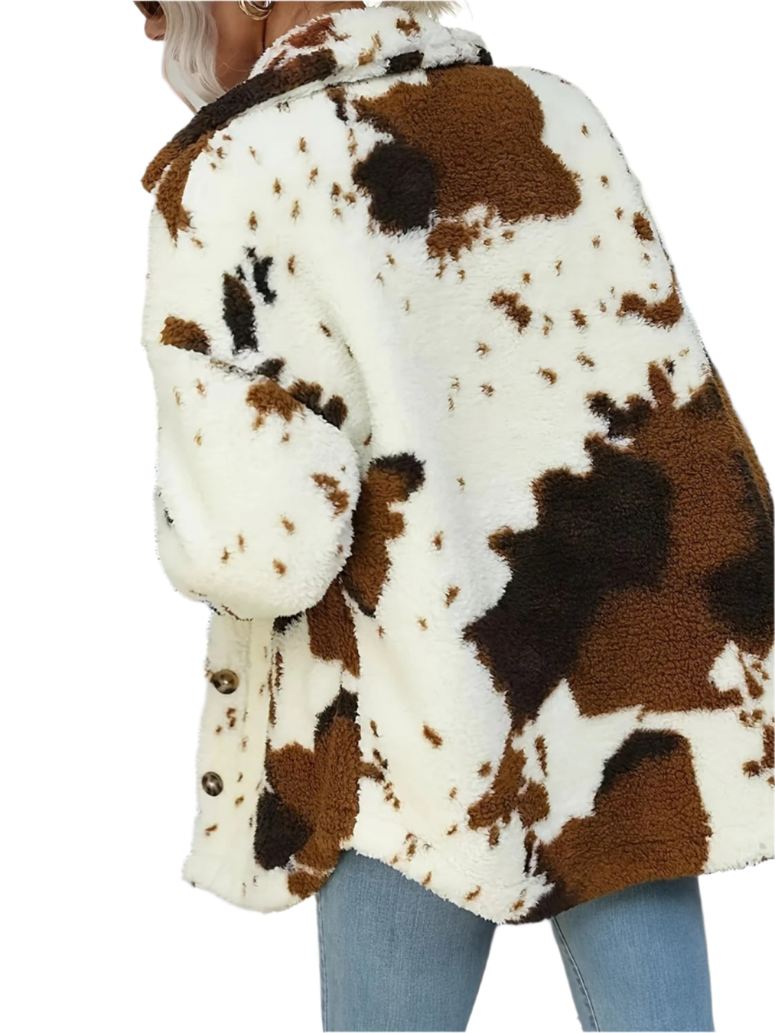 Cow Print Collared Neck Button Up Fuzzy Jacket