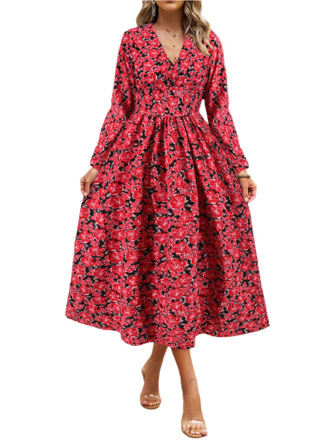 Floral V-Neck Long Sleeve Midi Dress