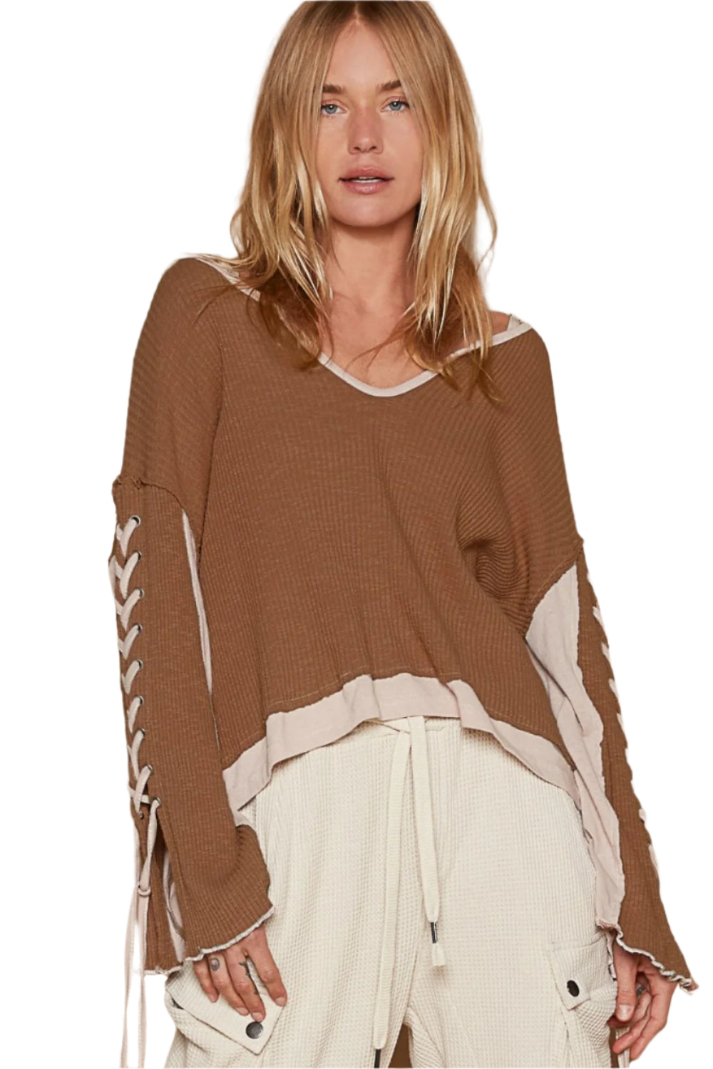 POL Lace-Up Sleeve Color Block Ribbed Knit Top