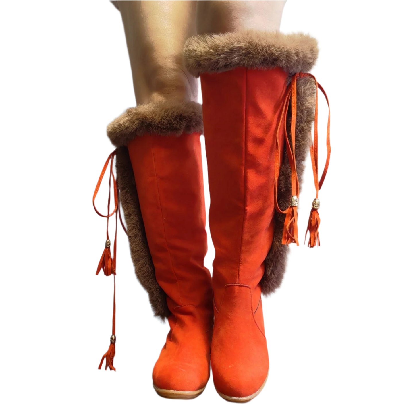 PU Leather Faux Fur Tassel Wedge Boots