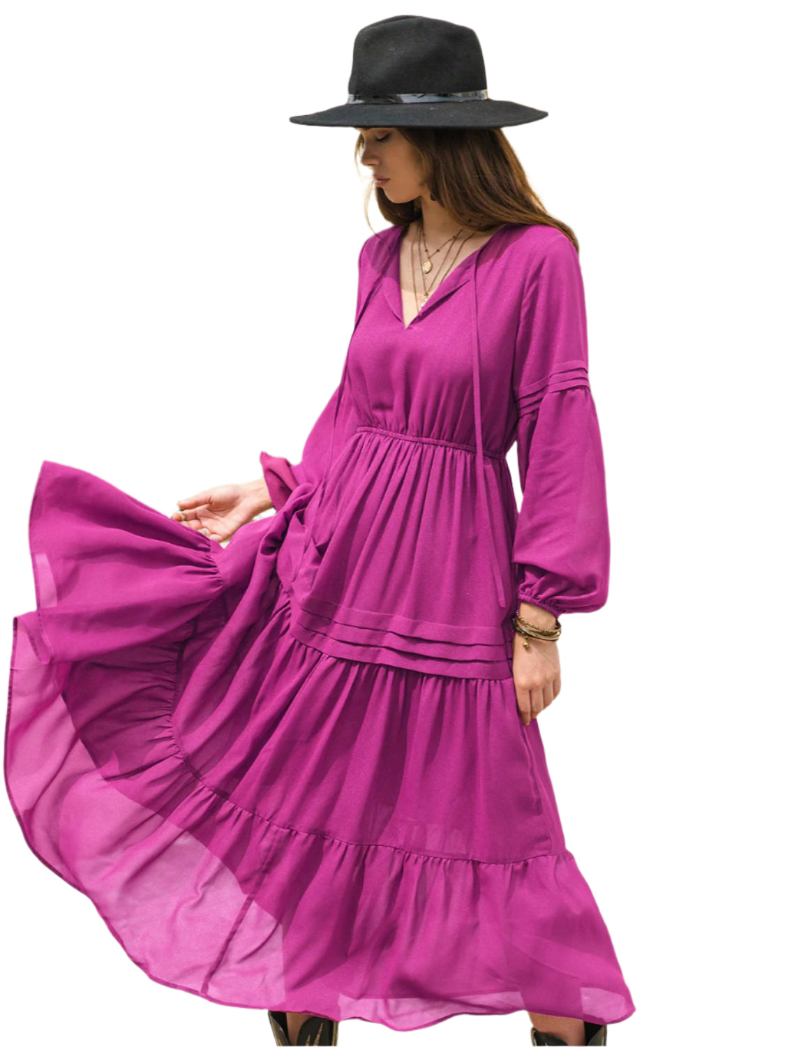 Tie Neck Long Sleeve Midi Tiered Dress