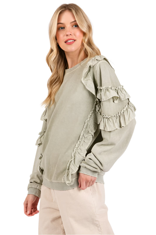 Mittoshop Ruffled Mineral Washed Round Neck Long Sleeve Sweatshirt