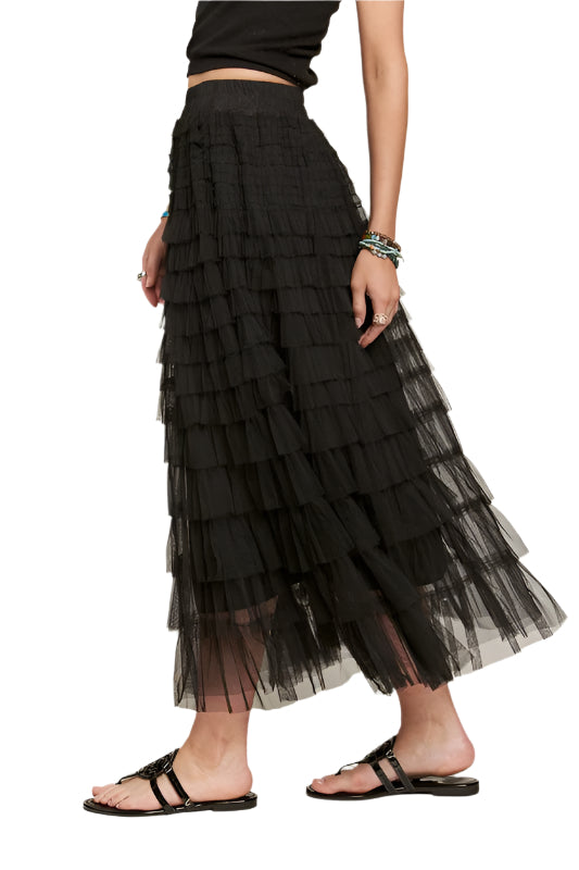 ADORA Elastic Waist Layered Mesh Midi Skirt