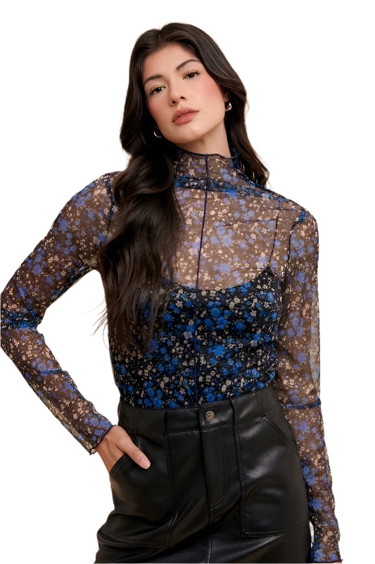 Annie Wear Floral Lettuce Hem Sheer Mesh Top
