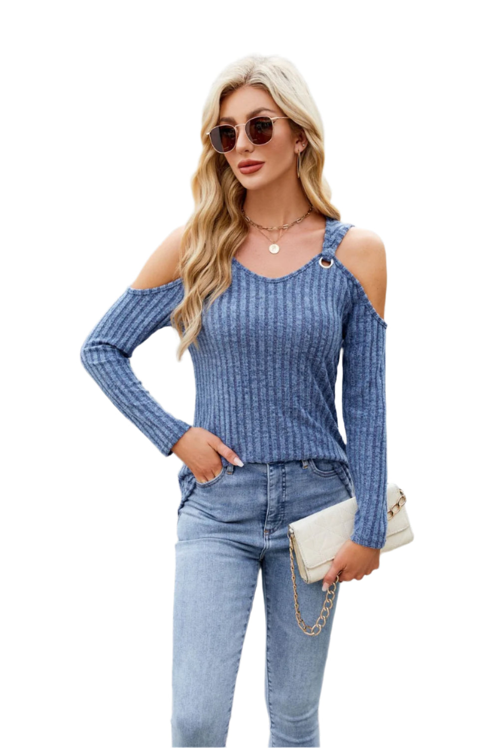 Ribbed Cold Shoulder Long Sleeve Top