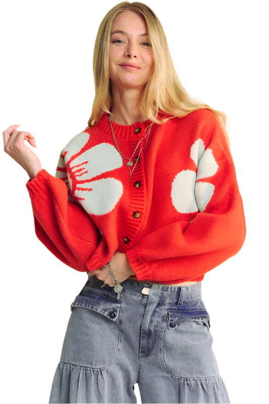Davi & Dani Flower Contrast Round Neck Long Sleeve Cardigan