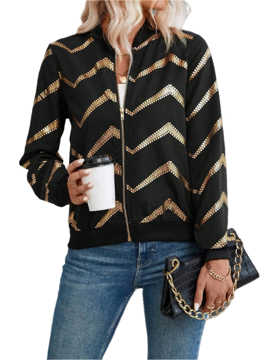 Printed Baseball Collar Zip Up Jacket