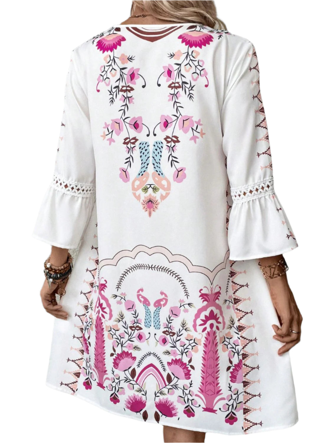 Lace Detail Printed Three-Quarter Sleeve Dress