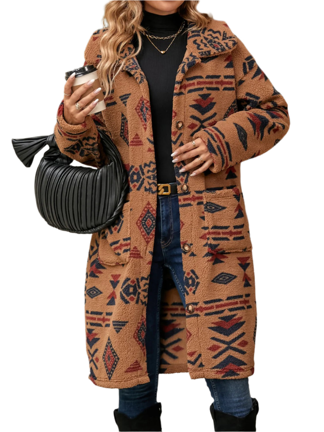 Geometric Pocketed Dropped Shoulder Coat