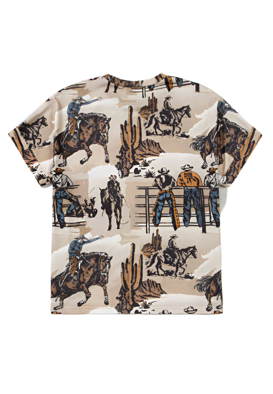 Cowboy Print Round Neck Short Sleeve T Shirt