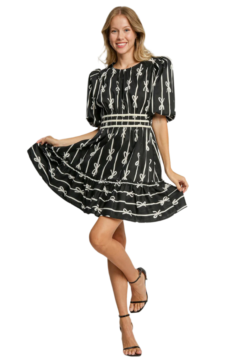 Umgee Ribbon Print Frill Contrast Velvet Trim Half Sleeve Dress