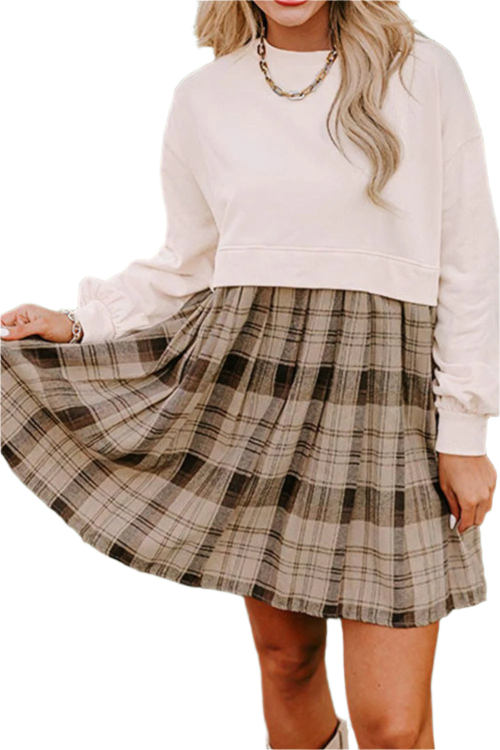 Plaid Round Neck Long Sleeve Mini Dress