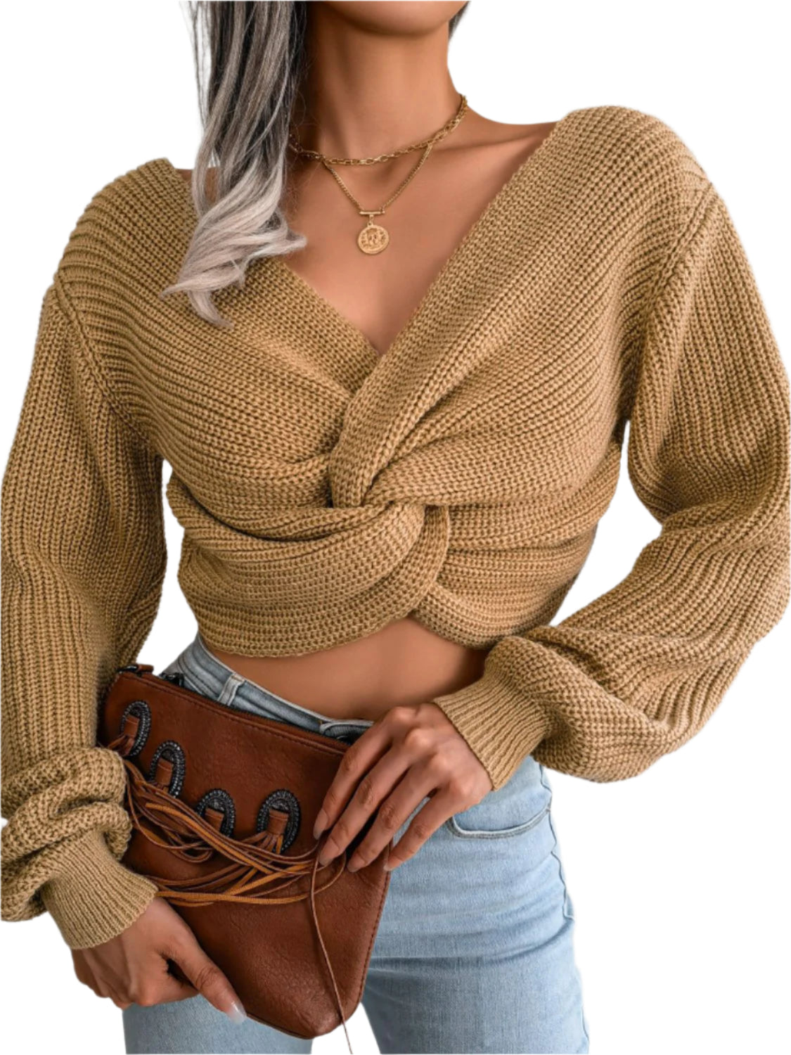 Twisted Front Long Sleeve Cropped Sweater