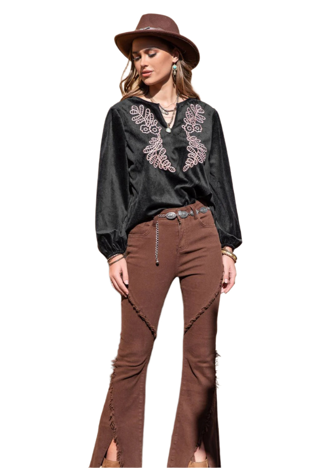 Notched Neck Long Sleeve Blouse