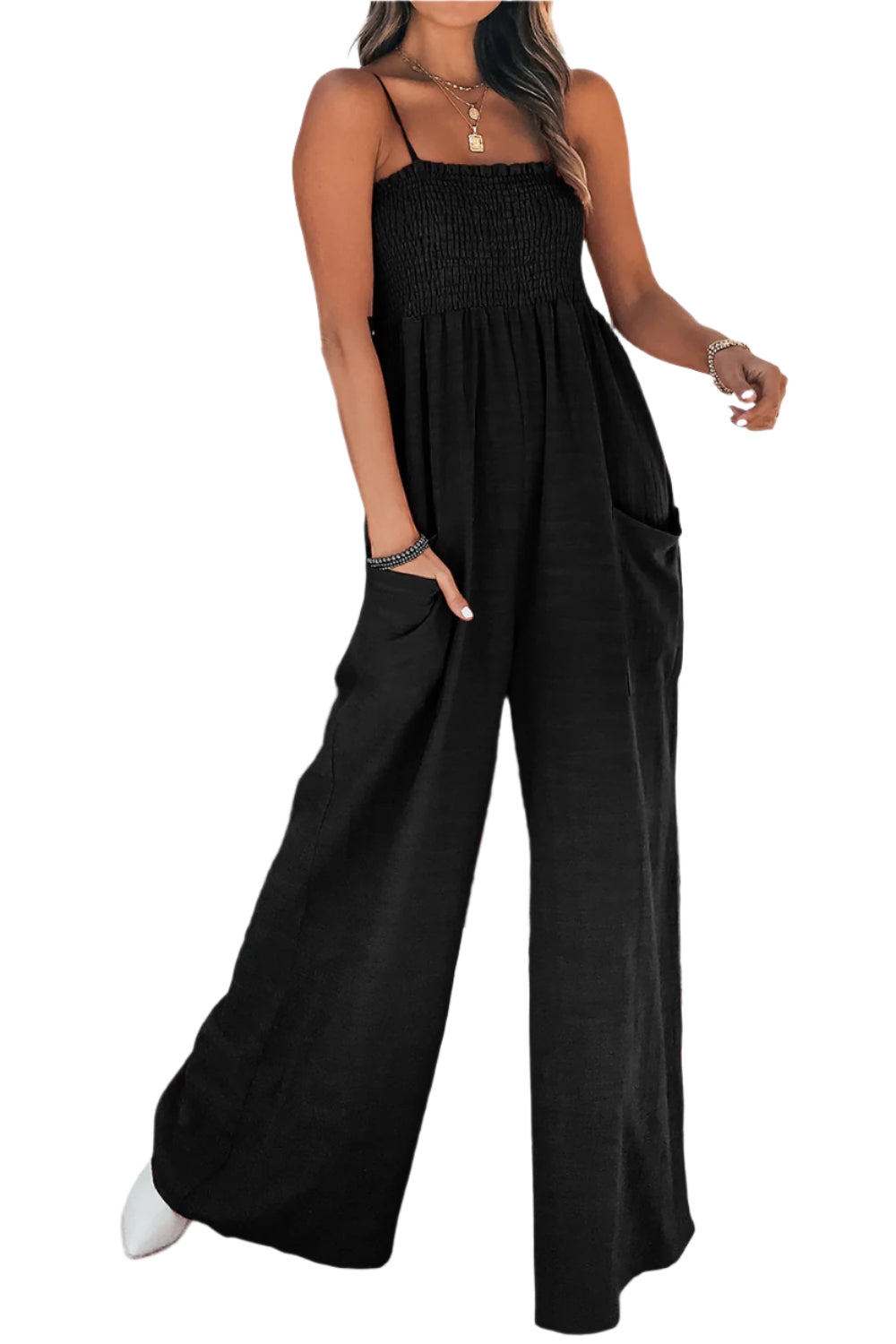 Smocked Spaghetti Strap Wide Leg Jumpsuit