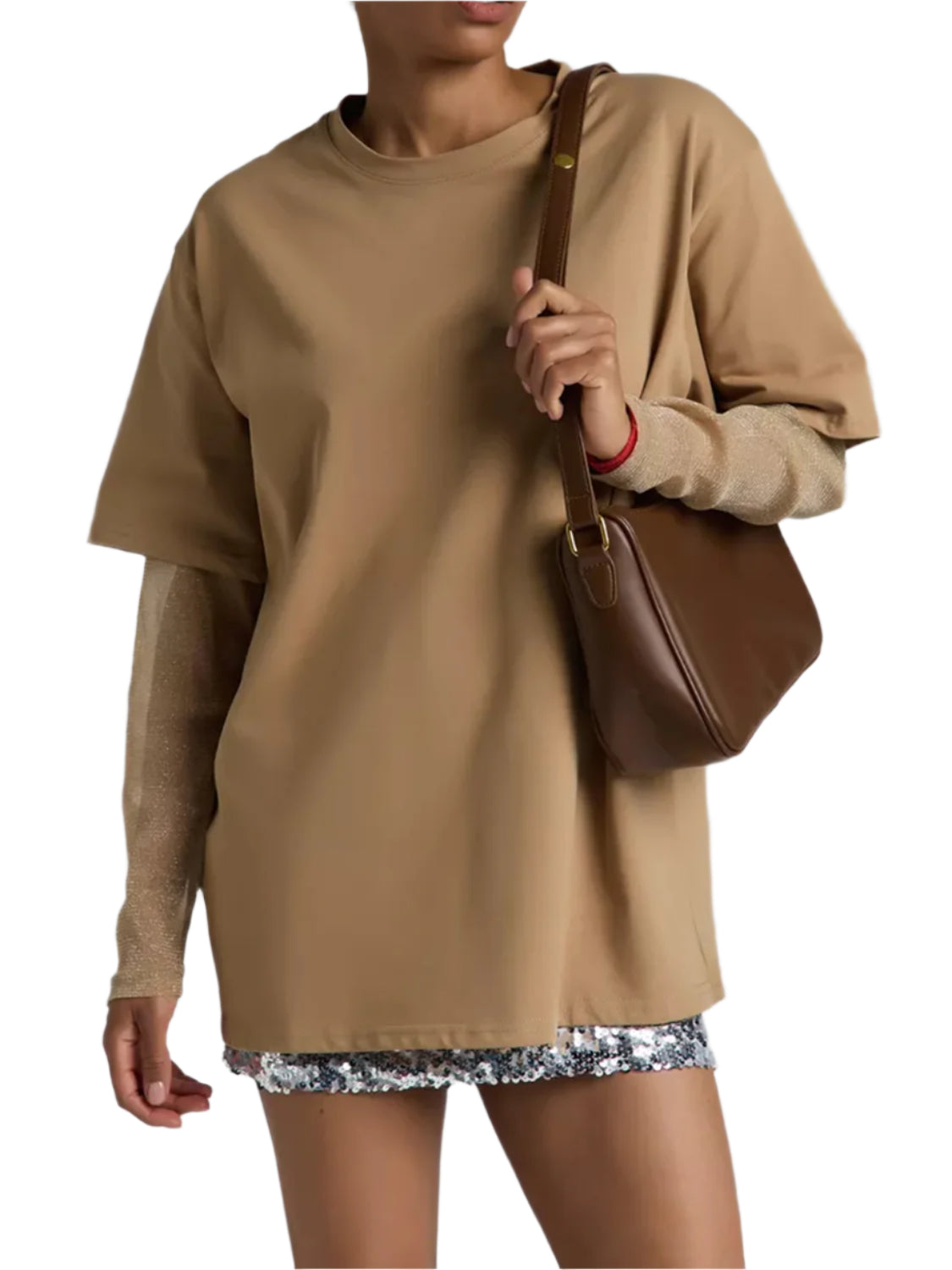 Faux Layered Round Neck Mesh Sleeve Top