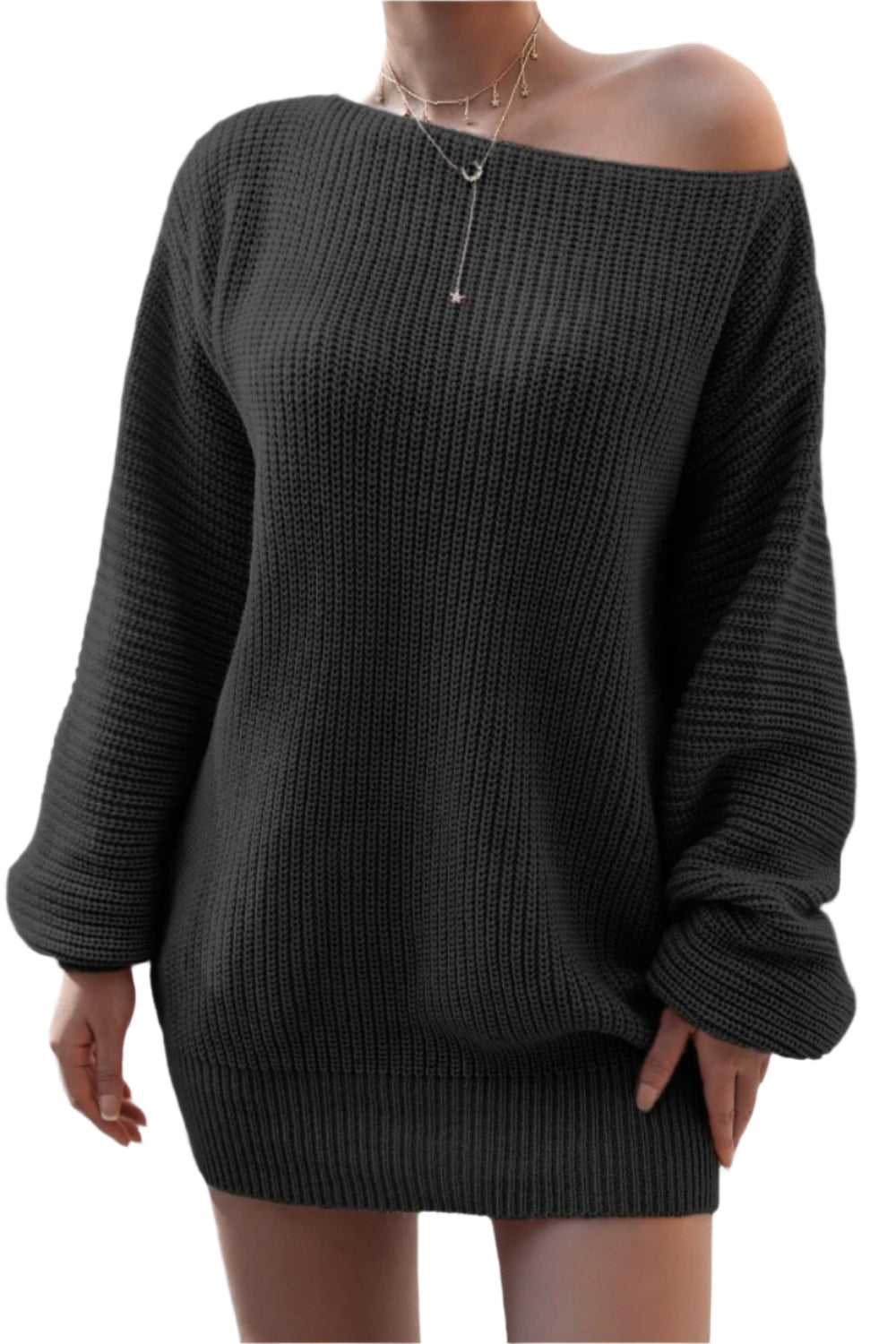 Boat Neck Long Sleeve Mini Sweater Dress