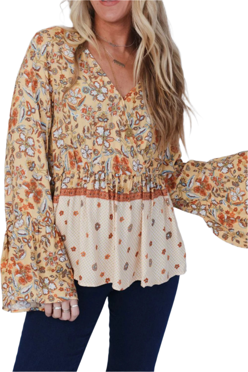 Peplum Printed Surplice Flare Sleeve Blouse