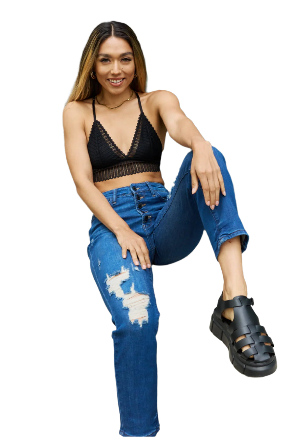 Leto Ribbed Lace Boho Racerback Bralette in Black