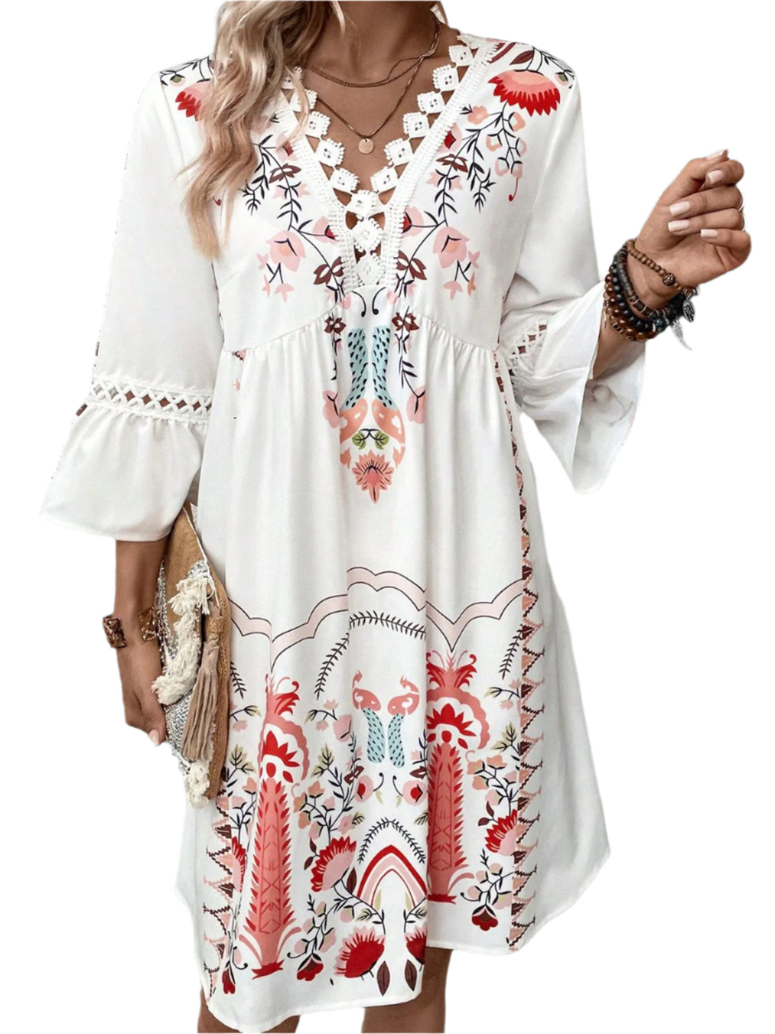 Lace Detail Printed Three-Quarter Sleeve Dress