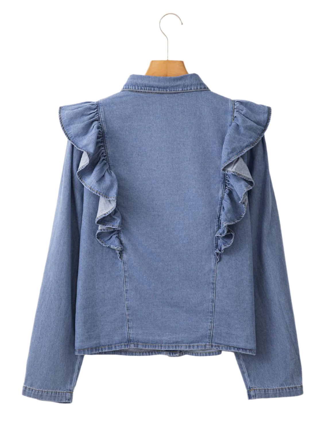 Ruffled Collared Neck Long Sleeve Denim Top