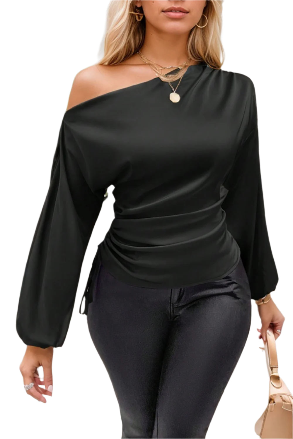 Drawstring One Shoulder Long Sleeve Blouse