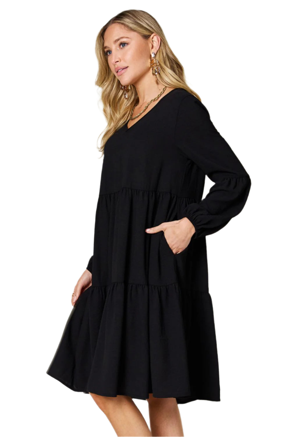 Double Take Full Size V-Neck Balloon Sleeve Tiered Dress with Pockets