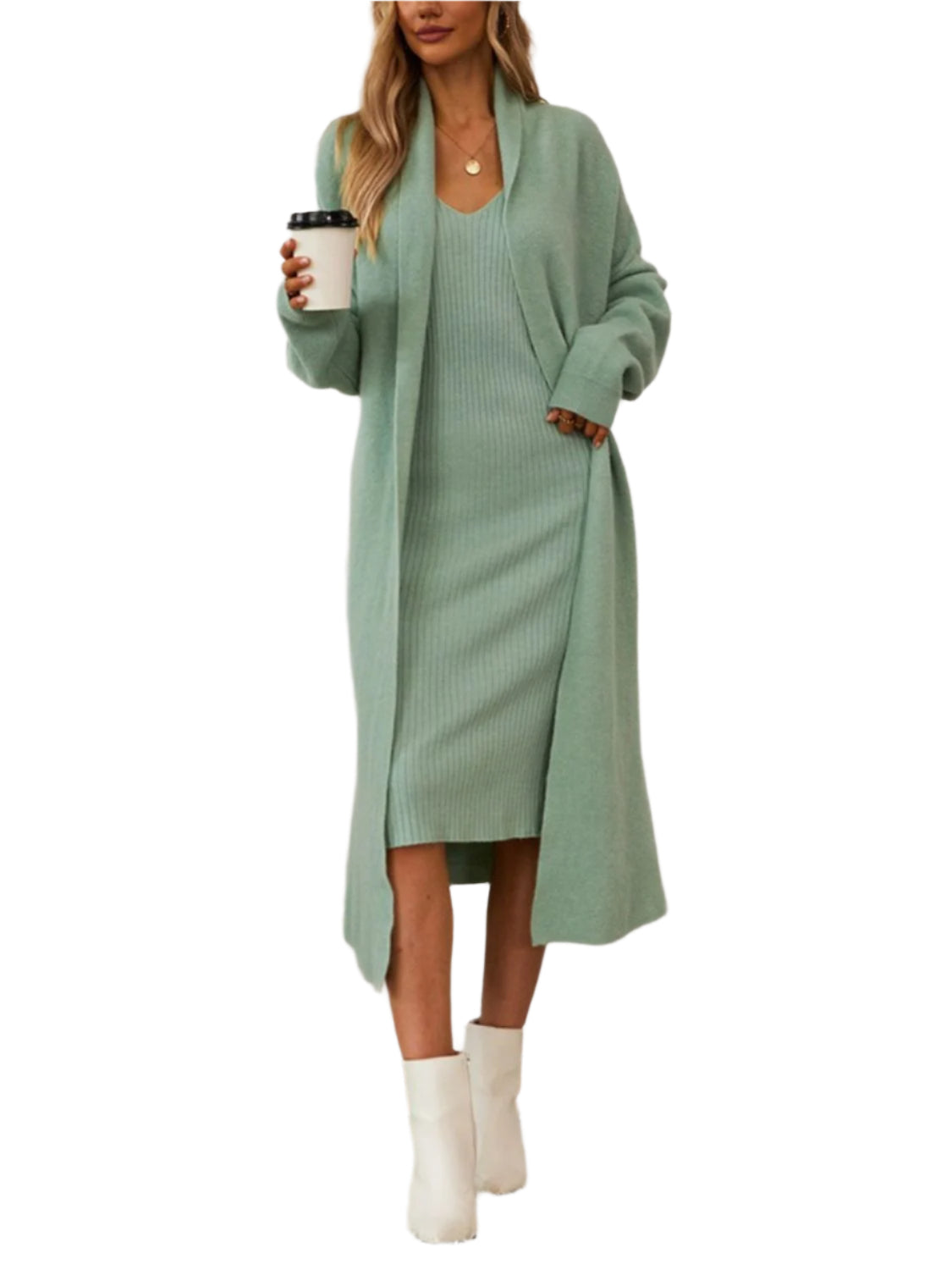 V-Neck Cami Dress and Open Front Cardigan Sweater Set