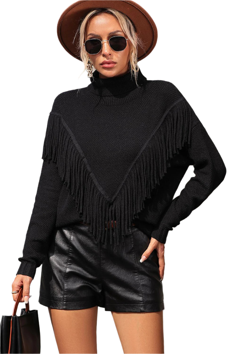 Turtle Neck Tassel Front Long Sleeve Pullover Sweater
