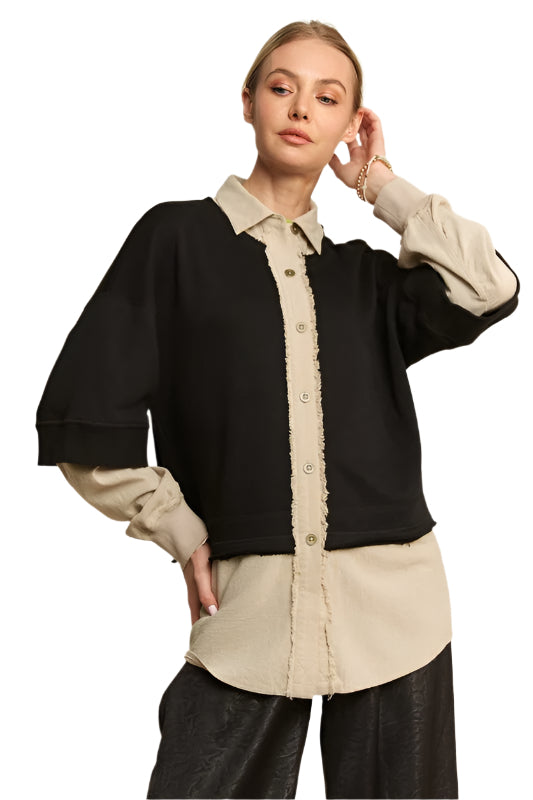 Davi & Dani Faux Layered French Terry Contrast Top