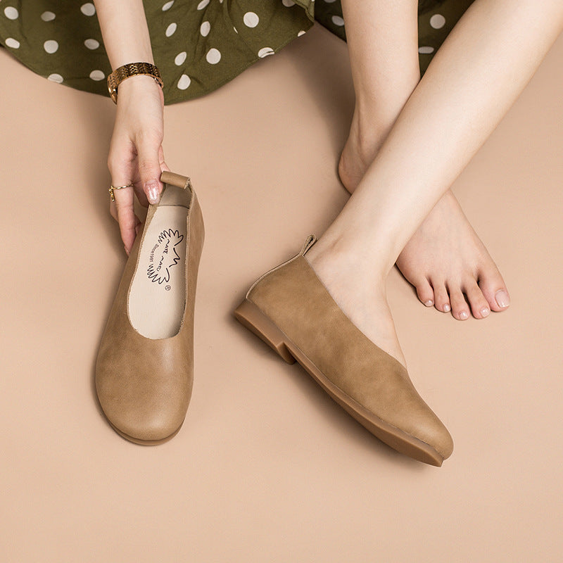Solid Color Cowhide Slip-on Flat Shoes