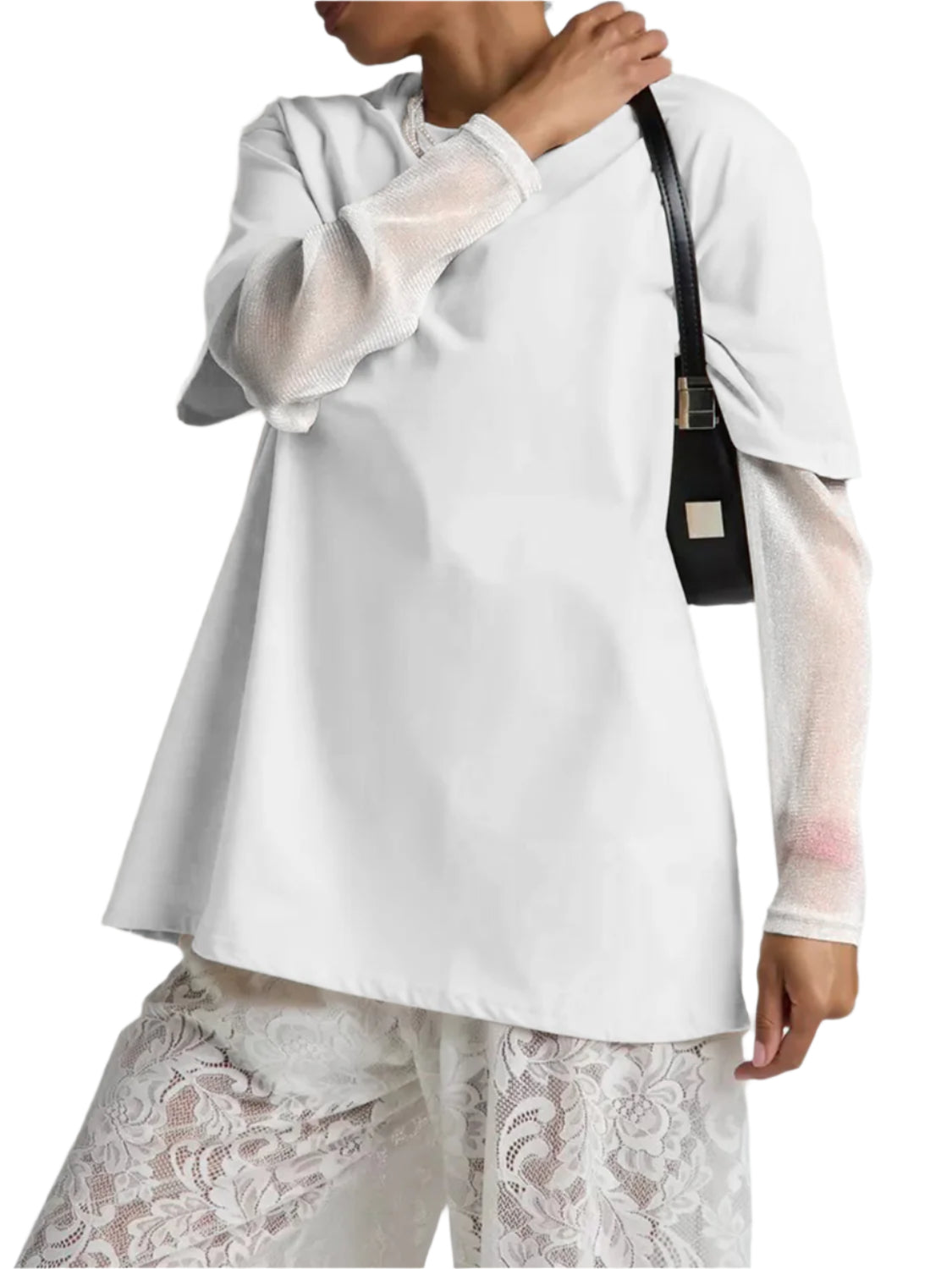 Faux Layered Round Neck Mesh Sleeve Top