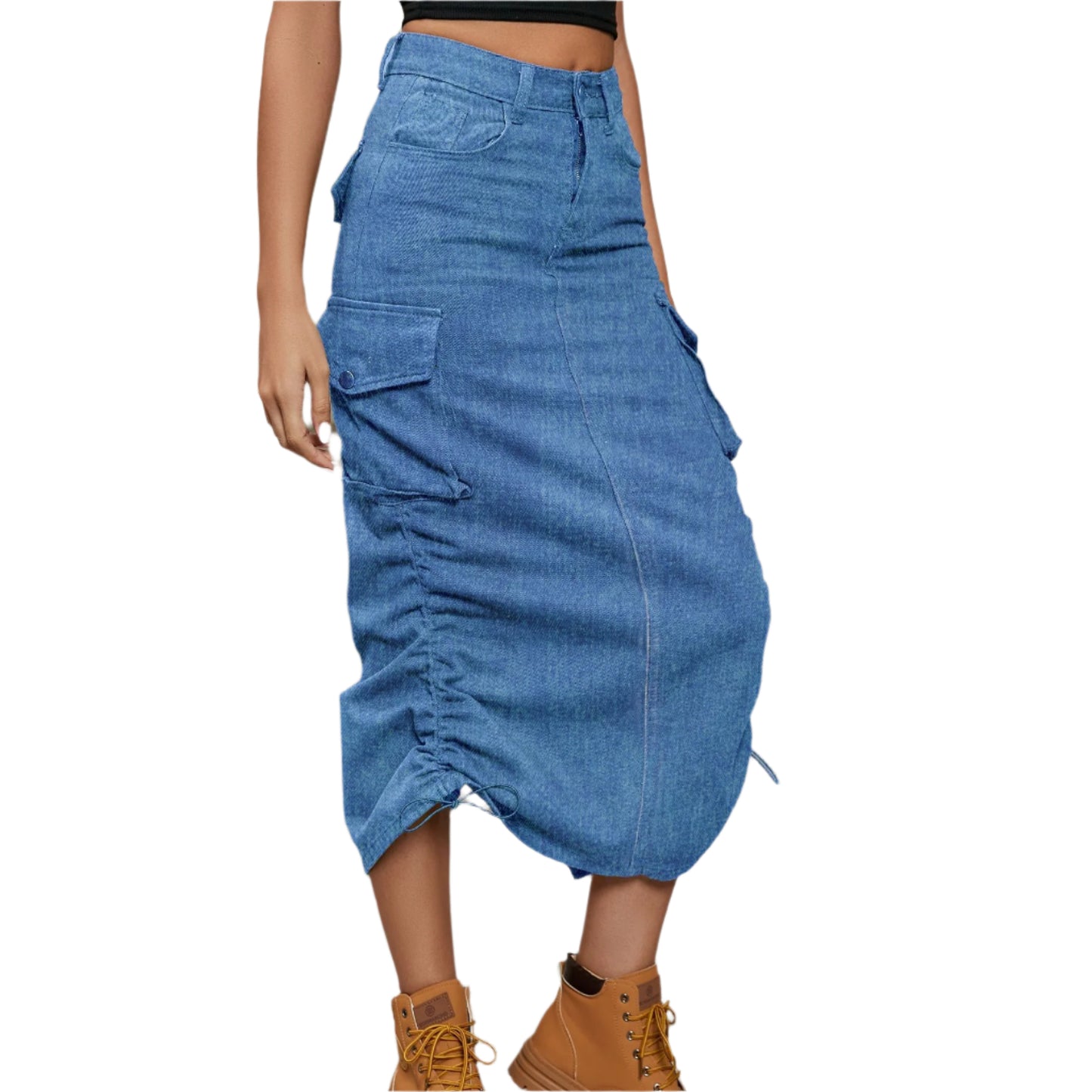 Drawstring Ruched Slit Denim Midi Skirt