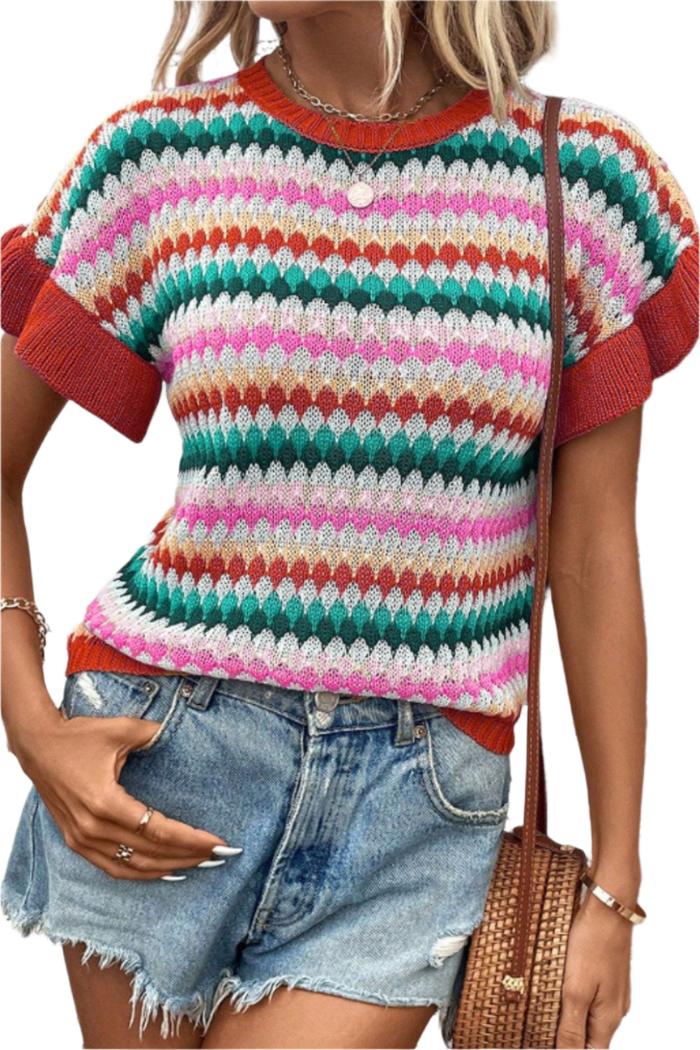 Contrast Round Neck Short Sleeve Sweater