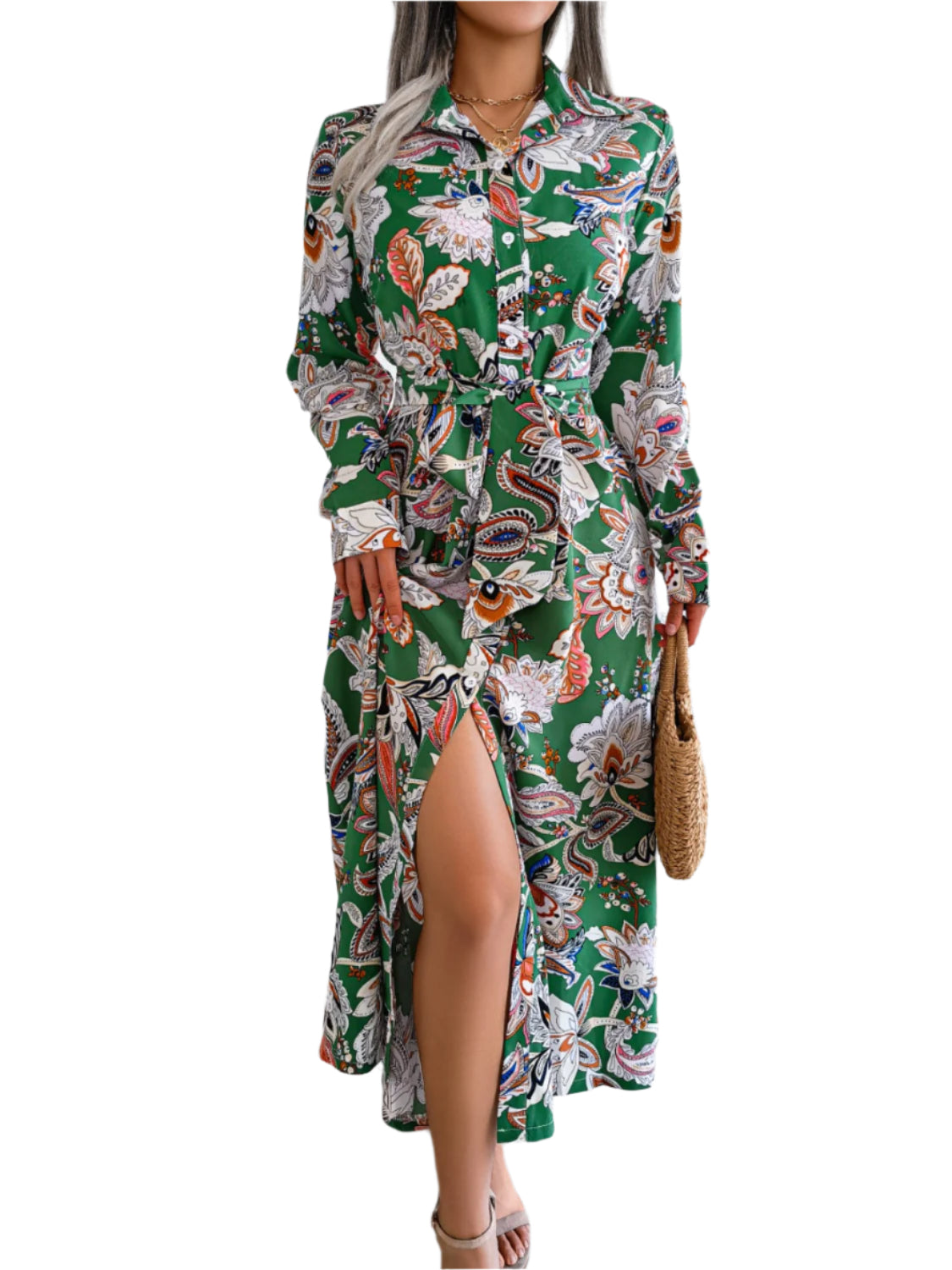 Tied Printed Long Sleeve Midi Dress